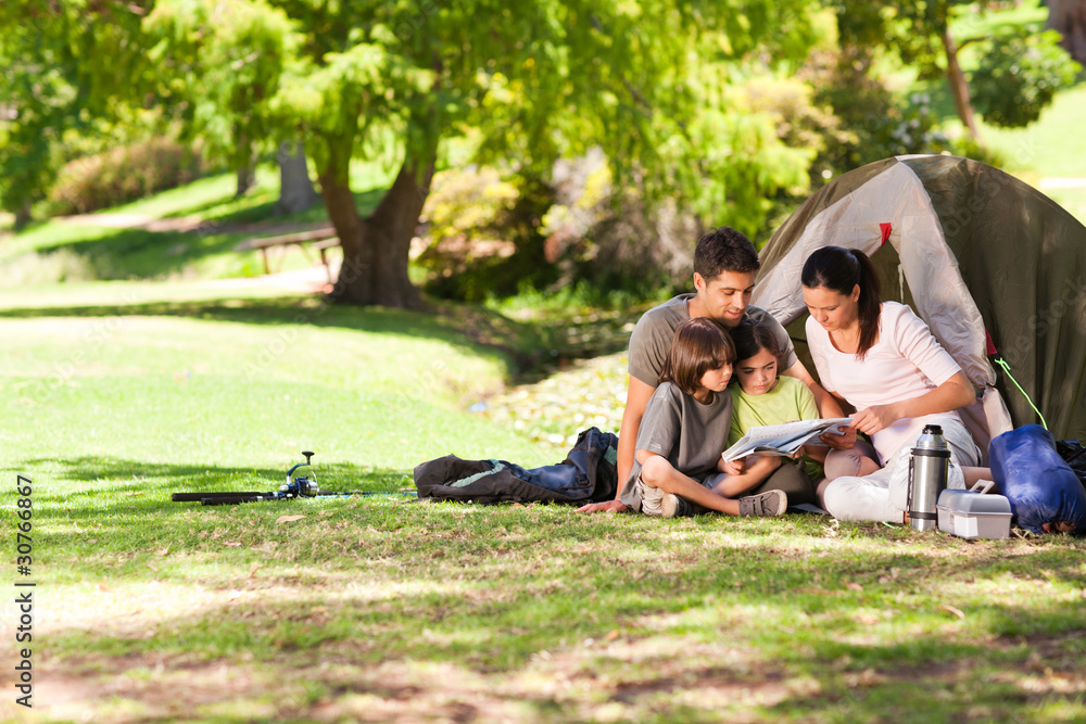 Joyful family camping in the park - obrazy, fototapety, plakaty 