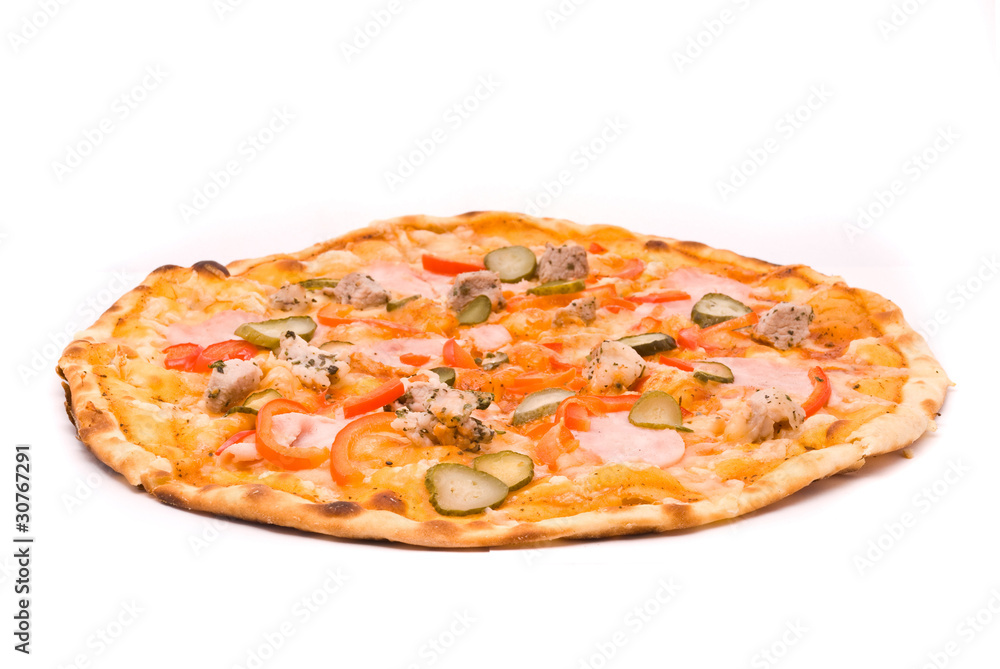 Pizza with sauce, cheese, marinated pork, ham, peppers, gherkins Pizza with sauce, cheese, marinated pork, ham, peppers, gherkins