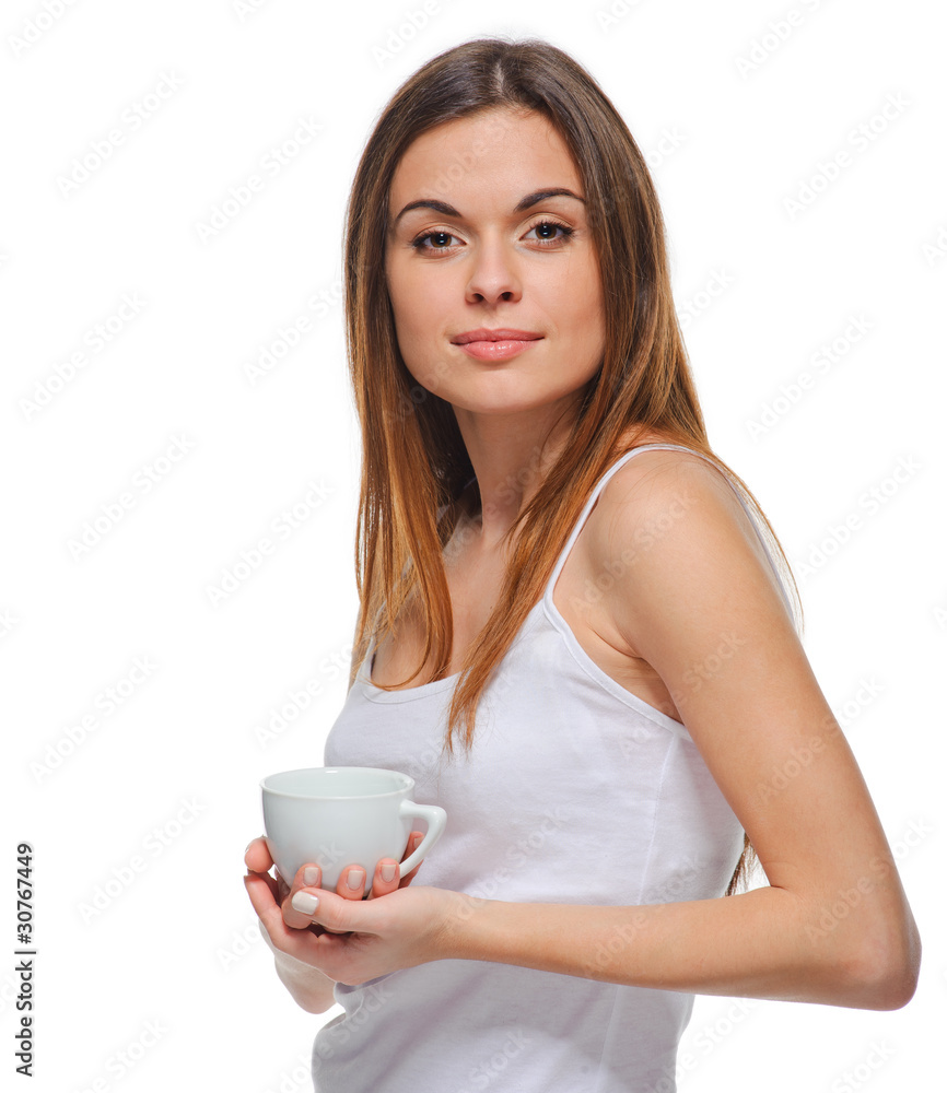 Young happy mixed race woman holding a coffee cup isolated on wh Young happy mixed race woman holding a coffee cup isolated on wh