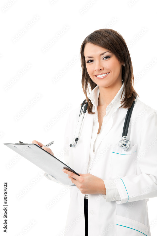 Happy smiling female doctor writing on clipboard, isolated Happy smiling female doctor writing on clipboard, isolated