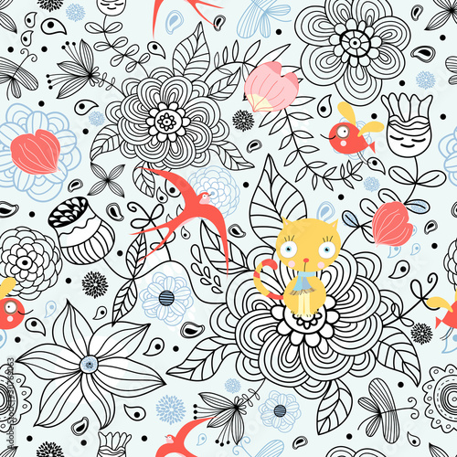 floral pattern with cats and birds