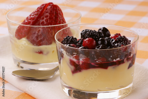 Custard with soft fruits and strawberries