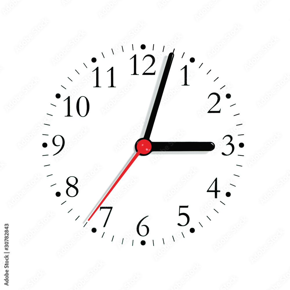 Analogue clock face dial in black and red hand, isolated Analogue clock face dial in black and red hand, isolated