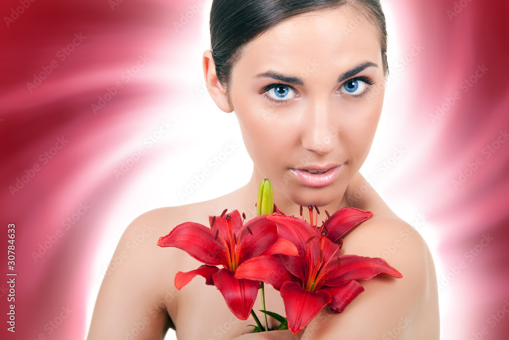 woman with red flower on abstract background woman with red flower on abstract background