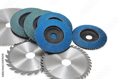 Circular saw blades and abrasive disks  isolated on white