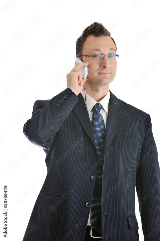 one businessman with cellphone isolated on white one businessman with cellphone isolated on white