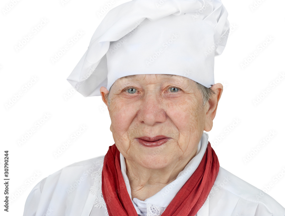 Senior woman in chef hat isolated on white background