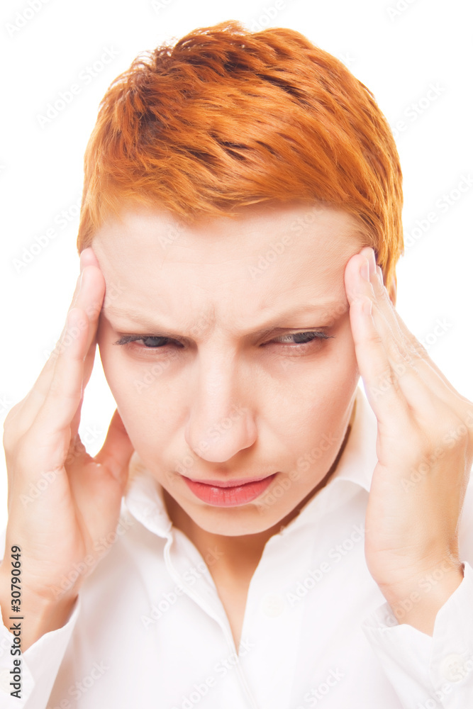 Woman with headache isolated on white Woman with headache isolated on white
