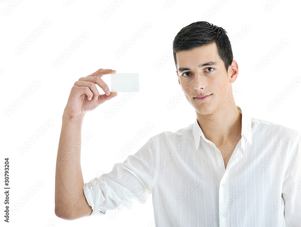 young businessman with empty white card young businessman with empty white card