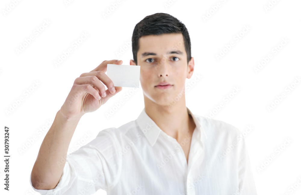 young businessman with empty white card young businessman with empty white card