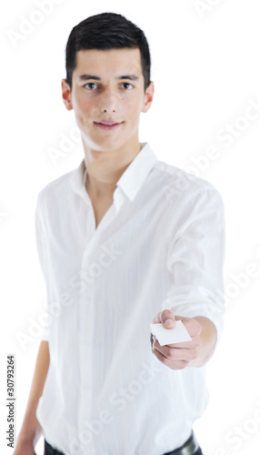 young businessman with empty white card