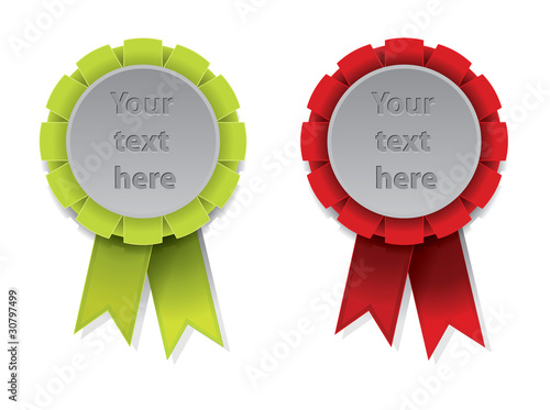 Green and red award badge with ribbon