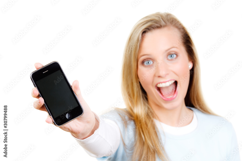begeisterte frau zeigt ihr handy begeisterte frau zeigt ihr handy