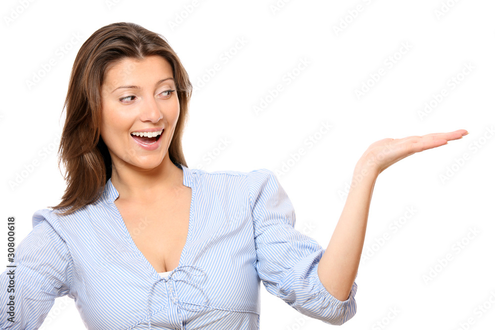 Young woman presenting a product Young woman presenting a product