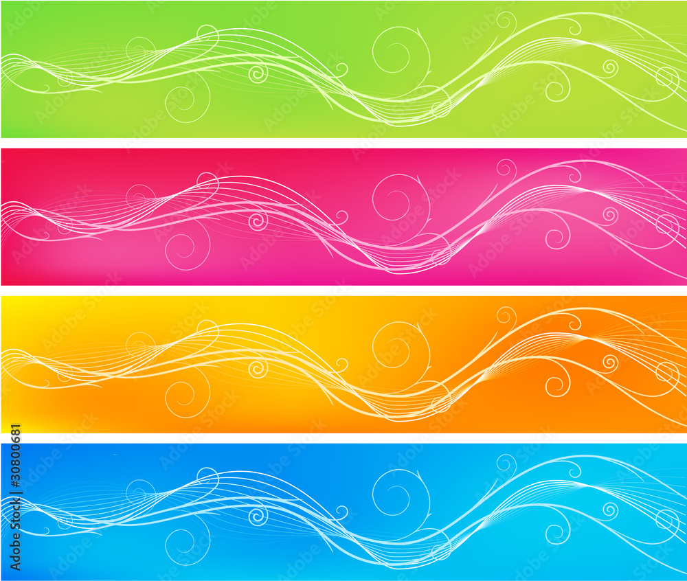 Four wavy banner backgrounds with swirls