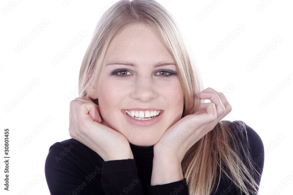 Blonde Frau natürlich lachend Porträt Blonde Frau natürlich lachend Porträt