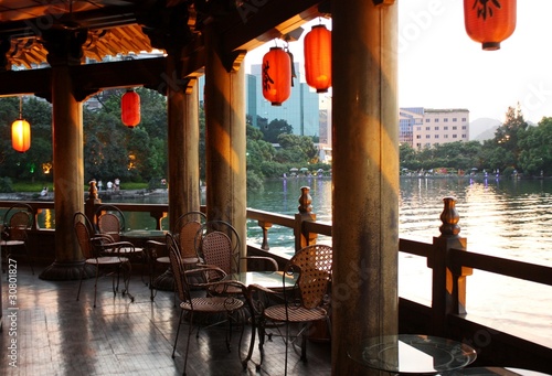 Chinese cafe at the lake in the evening, Guiling, China photo