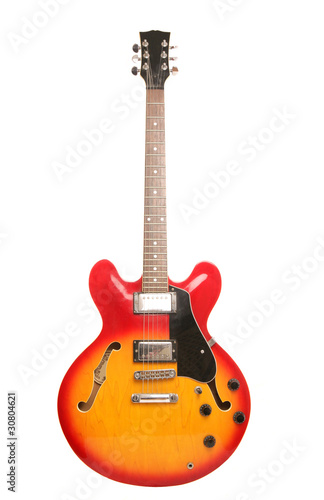 red and yellow electric guitar