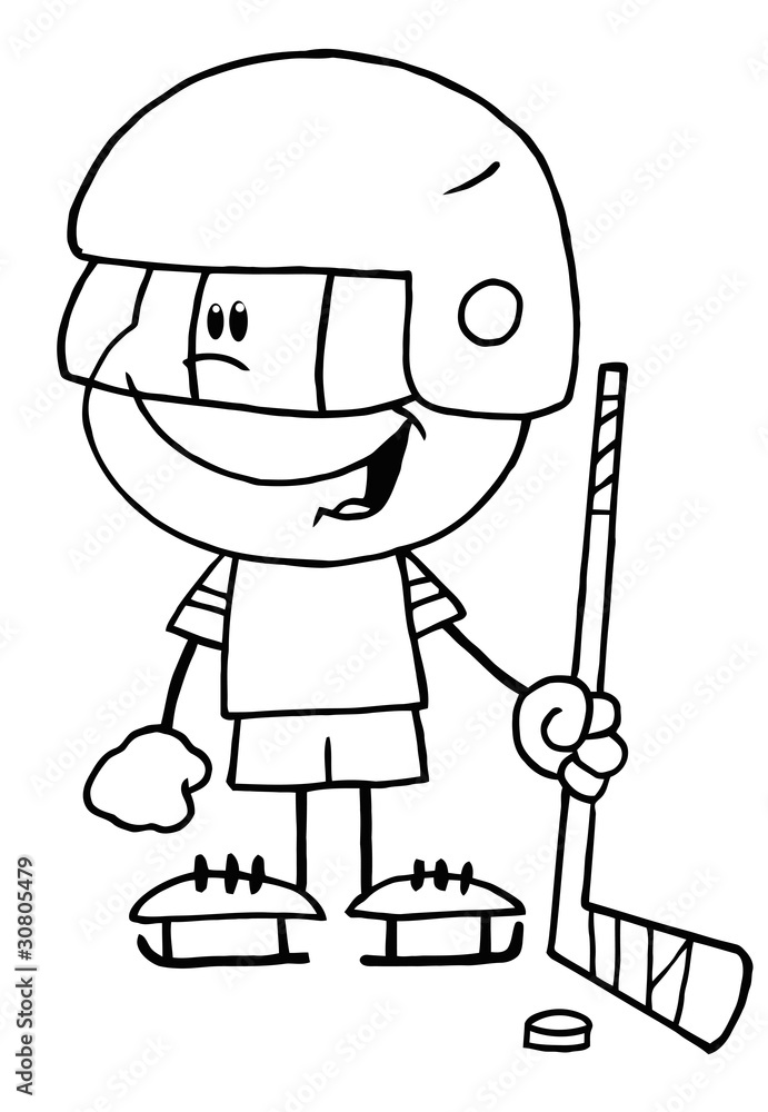 Black And White Outline Of A Little Boy Playing A Hockey Goalie