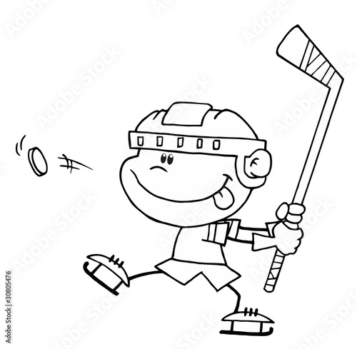Outline Of A Caucasian Boy Preparing To Whack A Hockey Puck