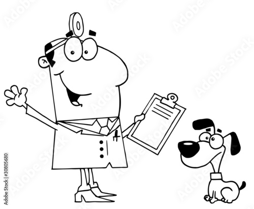 Clipart Illustration of an Outlined Vet and Dog