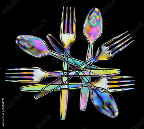 Fotografie Plastic Fork and spoon Photoelasticity birefringence