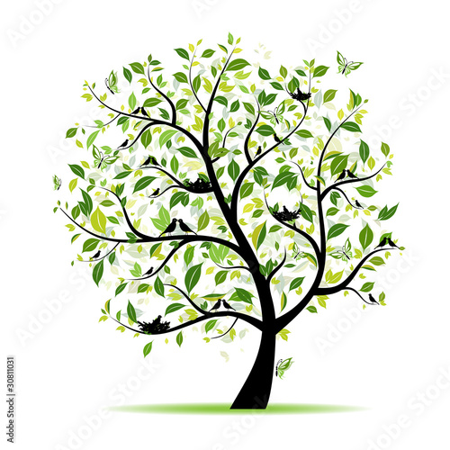 Spring tree green with birds for your design