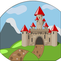 Fototapete Schloss cartoon castleon background with mountains  © alexmakarova