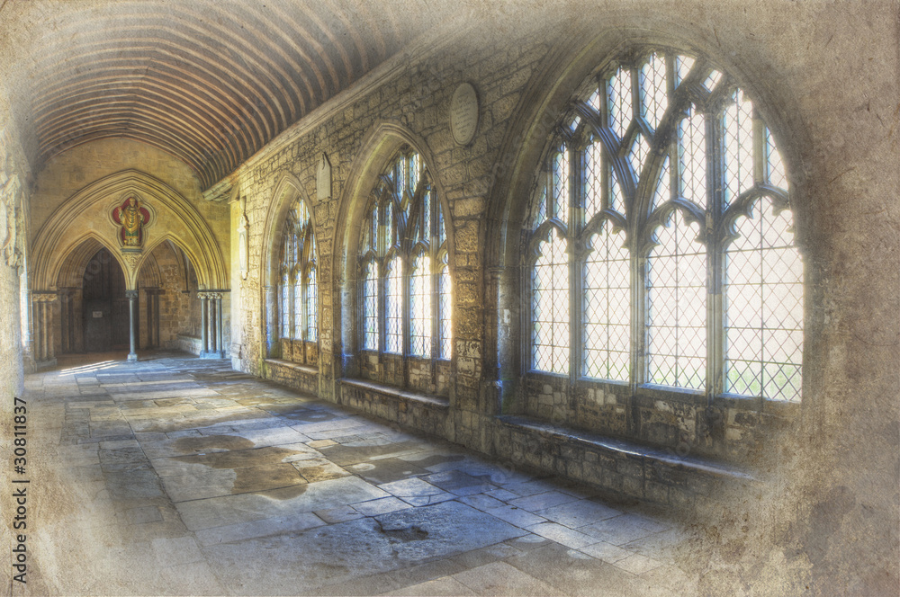 Retro grunge effect on cathedral cloisters image