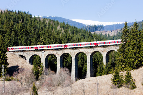 passenger train on railway viaduct near Telgart, Slovakia