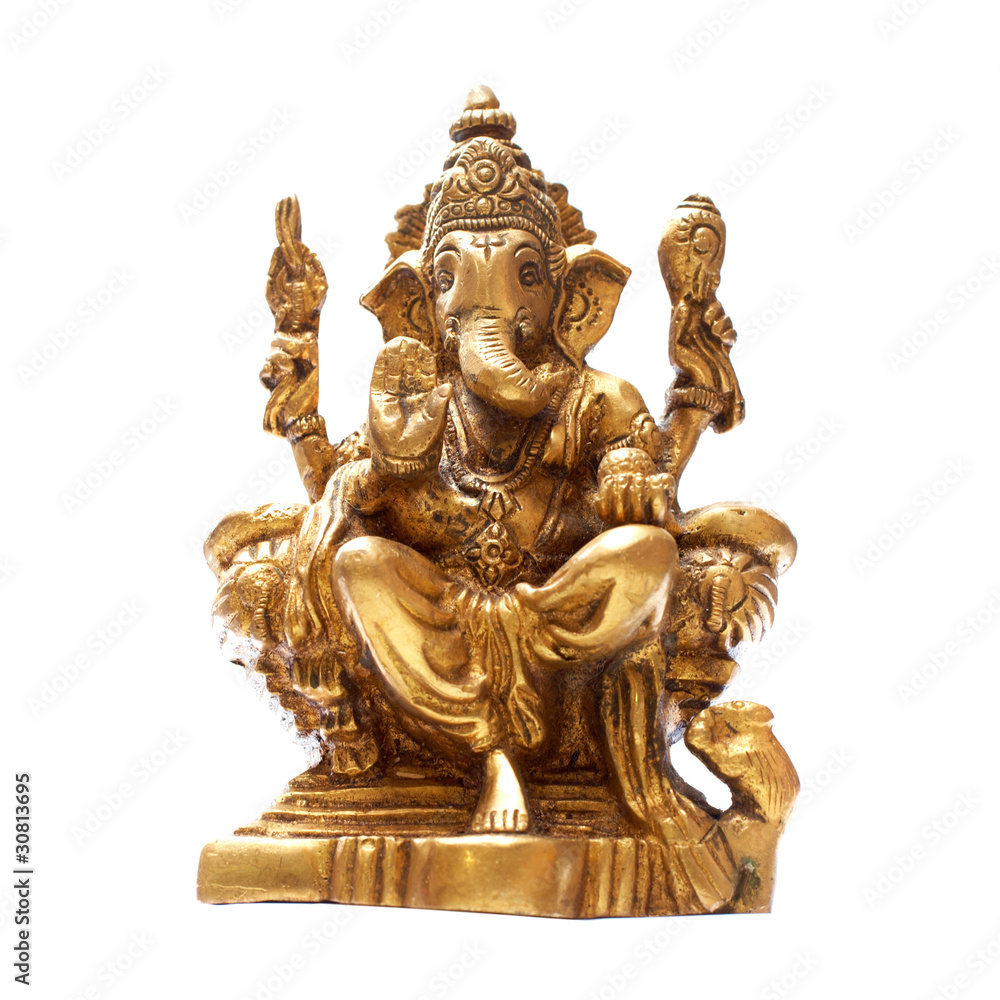 Golden Hindu God Ganesh over a white background