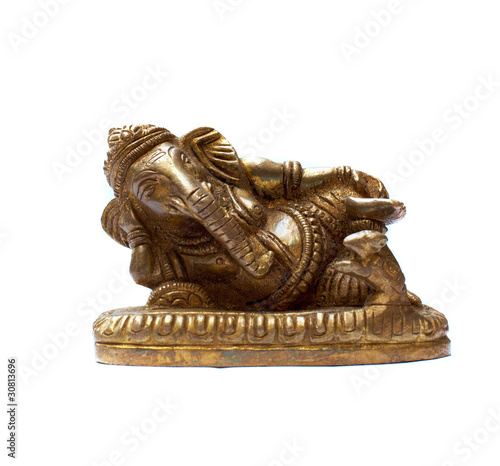 Golden Hindu God Ganesh over a white background