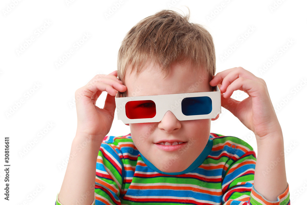 little concentrated boy in striped shirt and anaglyph glasses little concentrated boy in striped shirt and anaglyph glasses