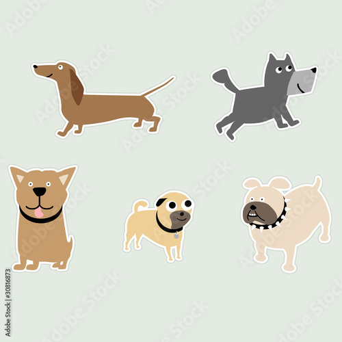 Dogs breeds stickers; Dachshund, Pit-bull, Bulldog, Pug, Terrier