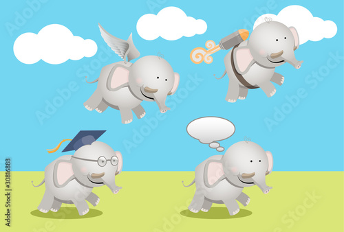 Elephant with wings, rocket, intelligent, cute thoughtful