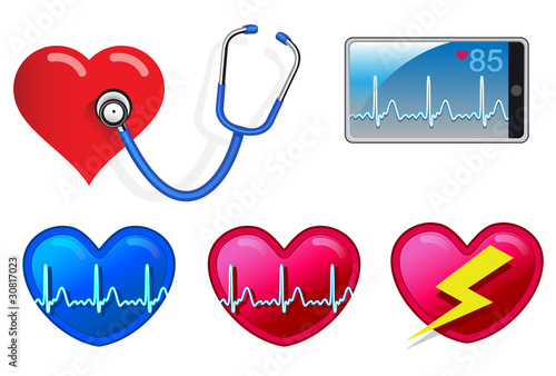 Heart beat monitoring ,stethoscope, smart phone, heart icons