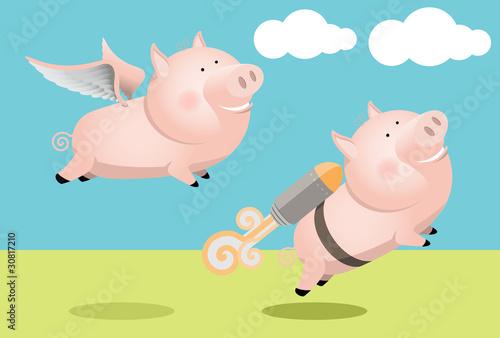 Two competing pigs; flying with wings and using attached rocket