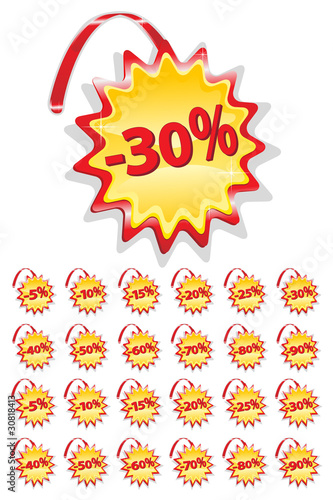 set of red and yellow sale icons on a flexible suspension - disc