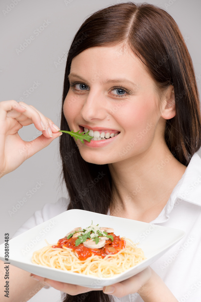 Italian food - portrait healthy woman spaghetti Italian food - portrait healthy woman spaghetti