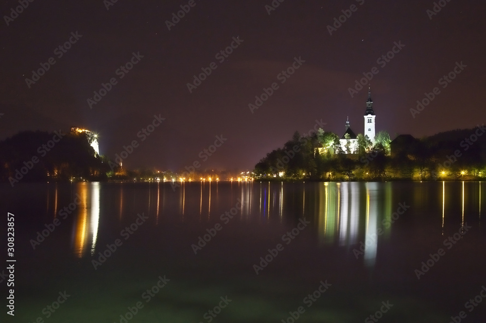 Night panorama of Bled Lake in Slovenia