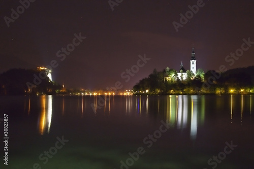 Night panorama of Bled Lake in Slovenia