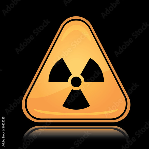 Yellow triangle icon radiation hazard sign with reflection