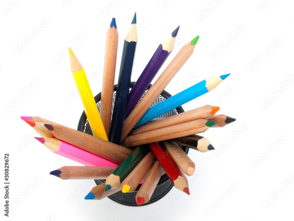 Colored pencils in pot isolated