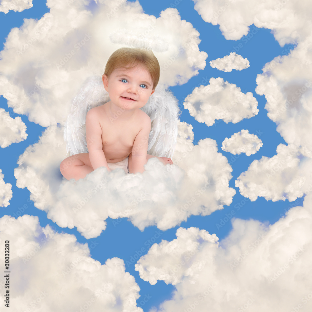 Baby Angel with Wings Sitting in Clouds Baby Angel with Wings Sitting in Clouds