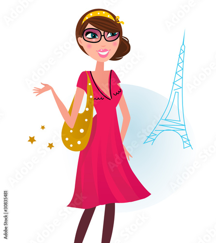 Sexy woman on shopping in Paris city. Vector