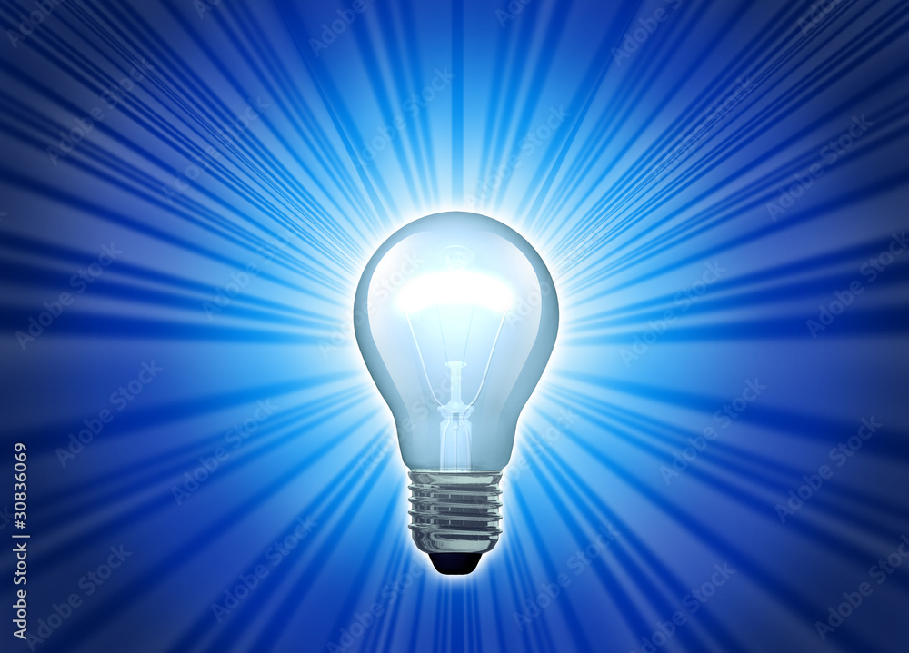Big bright idea represented by a glowing blue lightbulb Big bright idea represented by a glowing blue lightbulb
