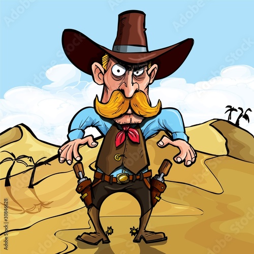 Cartoon cowboy ready to draw his guns