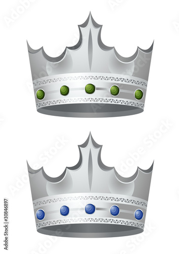 Two silver crowns with emerald and sapphire