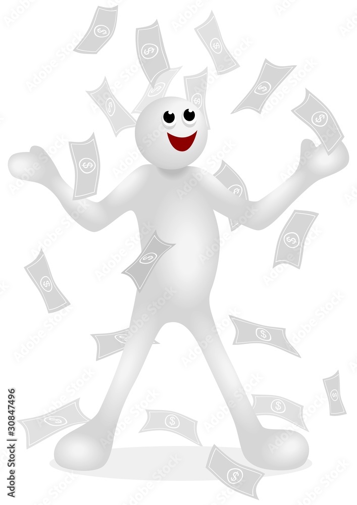 Iconic white figure excited with money raining Iconic white figure excited with money raining