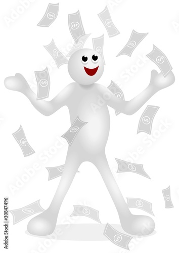Iconic white figure excited with money raining